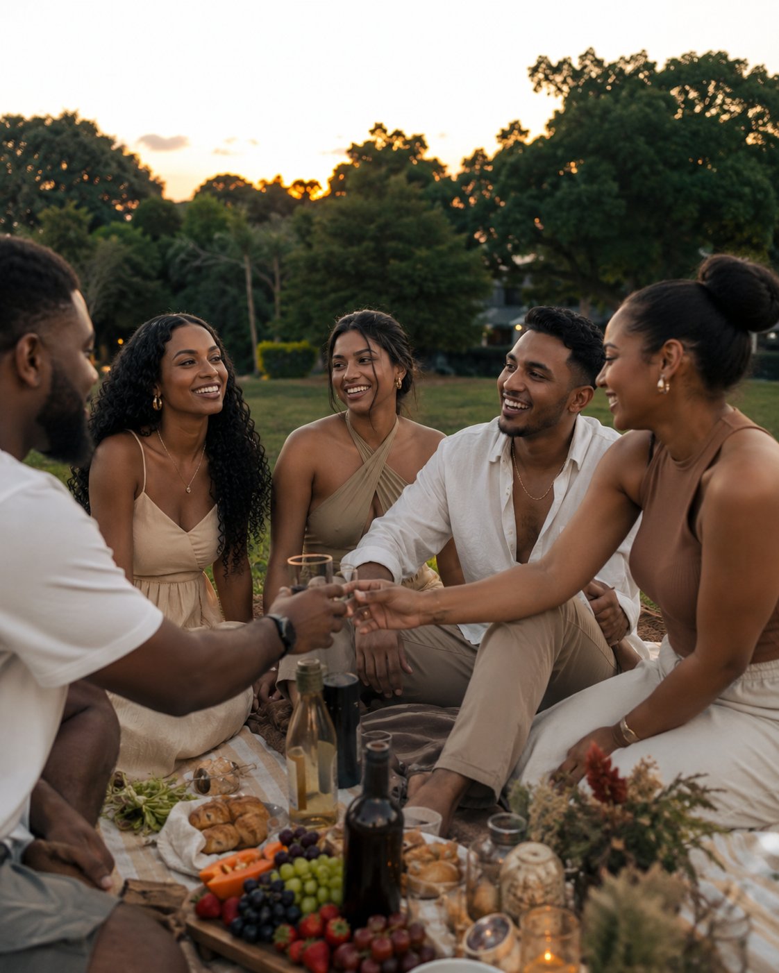Strangers community gathered together at a picnic toast